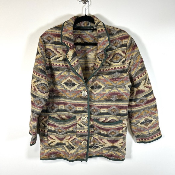 HABAND VTG 90'S AZTEC KNIT WOMENS LARGE BUTTON JACKET  Western Boho Multicolor - Picture 1 of 10
